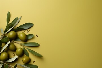 Fototapeta na wymiar fresh green olives with branch background with copy space and text space 
