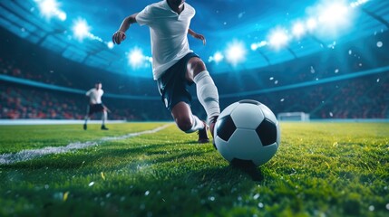 Fototapeta premium Soccer player poised to shoot, capturing the anticipation and energy within the stadium. Ai Generated.