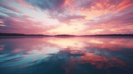 The soft, soothing hues of a sunset sky reflected in a calm lake, creating a perfect symmetry of color and calm