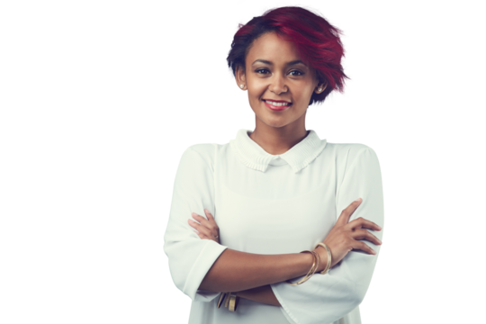 Creative, business and portrait of woman with confidence, smile and isolated on transparent png background. Entrepreneur, designer or young professional with arms crossed, pride or happy face of girl
