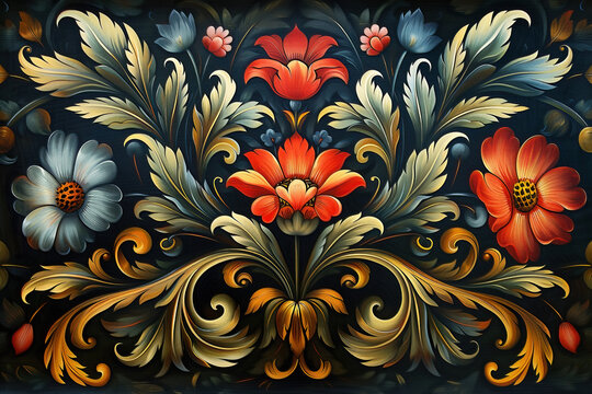Norwegian Scandinavian rosemaling traditional handpainted folk art in bright floral patterns.