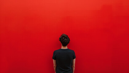 Man in Black Shirt Standing Against Vibrant Red Wall, Copy Space