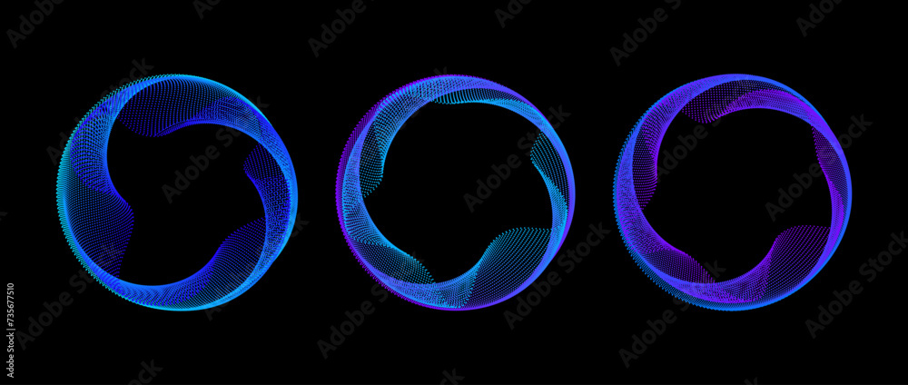 Poster Neon dotted circle set. Blue purple glowing round tech frame collection. Curved wave dot line circles on black background. Bright colorful gradient circular border pack. Vector design element bundle