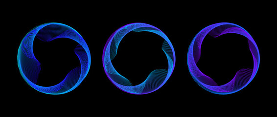 Neon dotted circle set. Blue purple glowing round tech frame collection. Curved wave dot line circles on black background. Bright colorful gradient circular border pack. Vector design element bundle