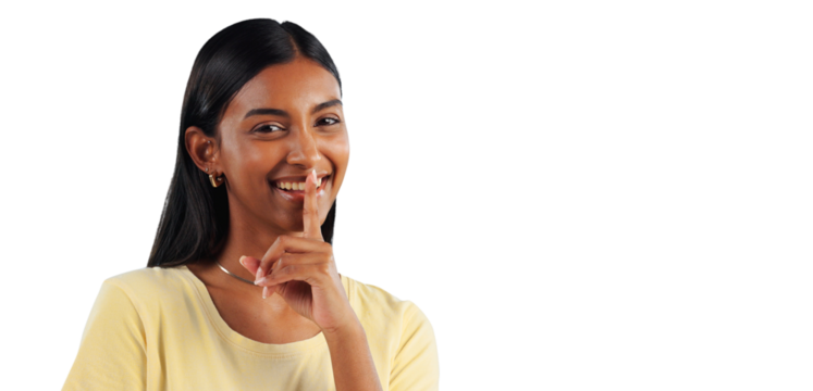Secret, portrait and woman with hand on lips to whisper in transparent, isolated or png background. Happy, girl and person gesture to shush for privacy of drama, news and emoji for gossip story