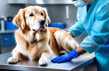 A dog of the Golden Retriever breed being examined by a veterinarian.