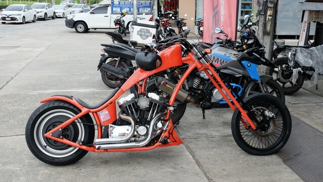 Phuket, Thailand - February 02.2023: Chopper bike parked on the street.