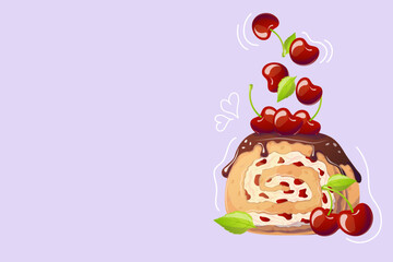 Cherry roll in cartoon style on purple background. Doodle. Vector illustration for poster, banner, website, advertisement. Vector illustration with colorful sweet dessert. Vector illustration