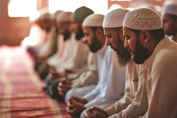 Side view of men sitting on the carpet and praying inside a mosque - obrazy, fototapety, plakaty