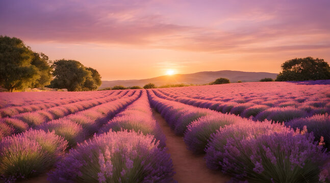 A landscape of a beautiful lavender garden at sunset