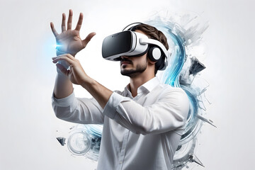 A man wearing a VR headset and enjoying the modern technology - obrazy, fototapety, plakaty