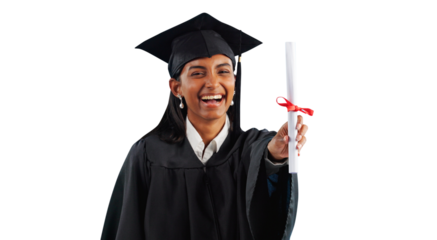 Graduation success, certificate or portrait of student with education, college or university goal. Indian woman, happy or proud graduate excited by achievement isolated transparent png background