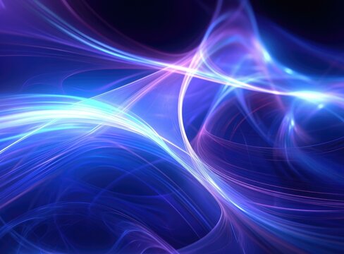 Abstract blue and purple swirls on a black background. Generative AI.