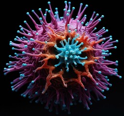 A close up of a virus with blue and purple colors. Generative AI.