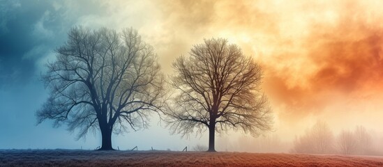 Mystical Landscape: Two Majestic Trees Standing Amidst Dense Fog in Enchanting and Serene Nature Scene
