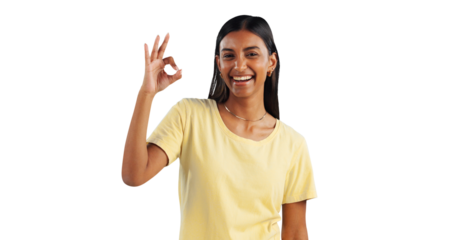 Portrait, smile and ok hand gesture with indian girl isolated on transparent background for agreement. Emoji, feedback or perfect review with happy young person on PNG for support, praise or opinion