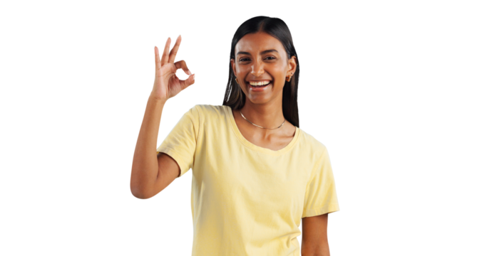 Portrait, smile and ok hand gesture with indian girl isolated on transparent background for agreement. Emoji, feedback or perfect review with happy young person on PNG for support, praise or opinion