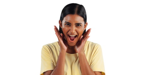 Excited, woman and wtf in portrait, surprise and winner or isolated on transparent png background. Indian female person, happy and shock for omg announcement, promotion and discount or good news