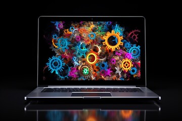 opened blank laptop with intersecting colorful gears over screen and on dark background