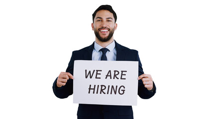 Business, portrait and happy man with we are hiring banner on isolated, transparent or png background. Recruitment, smile or face of recruiter with poster for career, goal or startup work opportunity