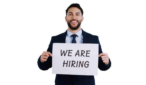 Business, portrait and happy man with we are hiring banner on isolated, transparent or png background. Recruitment, smile or face of recruiter with poster for career, goal or startup work opportunity