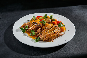 Sliced turkey fillet with roasted vegetables and sauce on a white plate