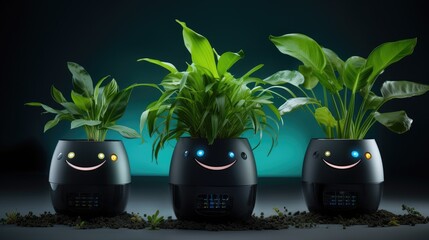 Voice controlled robotic planters with humidity control, solid color background