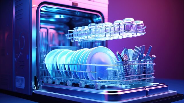 Smart dishwashers for automated cleaning, solid color background