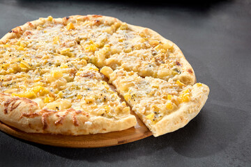 Four cheese pizza with a rich blend of creamy and flavorful cheeses on a golden crust, an Italian classic