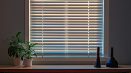Voice controlled robotic window blinds with voice privacy modes, solid color background