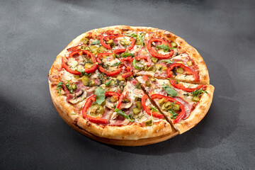 Meat lovers' pizza with bacon, ham, marinated pickles, and paprika, bursting with flavors and...
