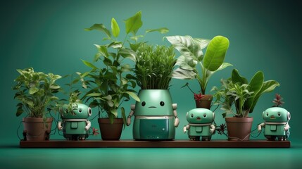 Voice activated robotic planters with self watering capabilities, solid color background