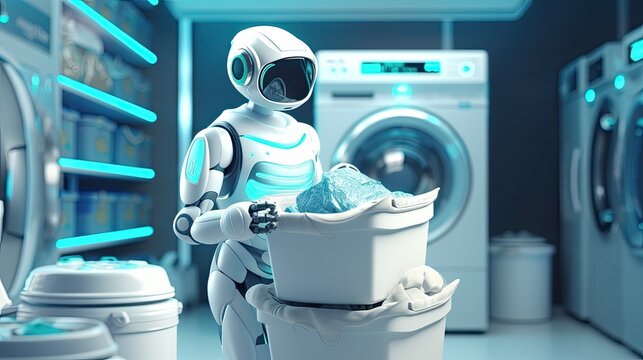 Voice activated robotic laundry folding systems for convenience, solid color background