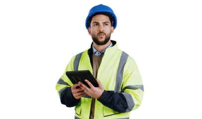 Architect, thinking and man with tablet for construction, research or planning or isolated, transparent or png background. Building, idea and male engineer with digital app for architecture or design