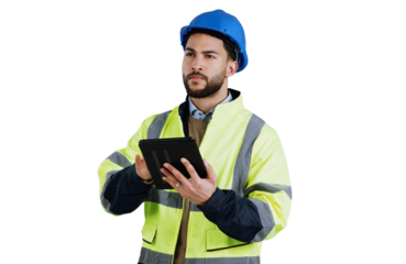 Man, construction worker and thinking with tablet or building project, contractor or decision. Male person, hard hat and renovation app or isolated transparent png background, engineering or internet