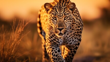Africa wildlife. Leopard sunset, Panthera pardus shortidgei, nature habitat, big wild cat in nature habitat, sunny day on the savannah, Tanzania. Wildlife nature.