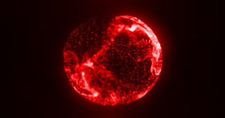 Abstract red glowing digital high-tech liquid futuristic energy blood plasma sphere with lines and particles on dark black background