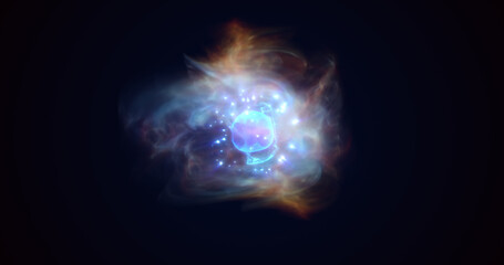 Energy blue glowing cosmic magic sphere, futuristic round high-tech ball bright atom made of electricity, background