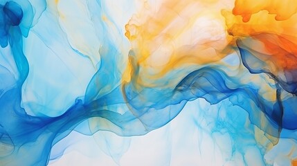 Alcohol ink air texture. Azure, blue, yellow, orange abstract background with golden glitters. Abstract translucent flow. Modern fluid art design