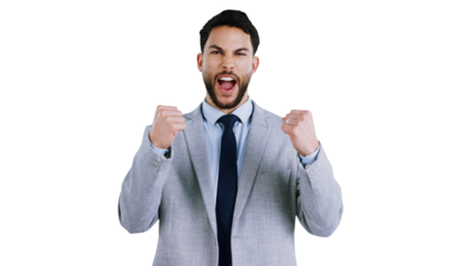 Business, portrait and excited man with winner fist celebration for wow news on isolated, transparent or png background. Success, energy or face of male attorney with lets go expression for promotion