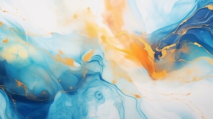 Alcohol ink air texture. Azure, blue, yellow, orange abstract background with golden glitters. Abstract translucent flow. Modern fluid art design