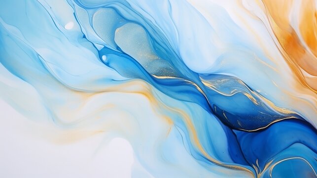 Alcohol ink air texture. Azure, blue, yellow, orange abstract background with golden glitters. Abstract translucent flow. Modern fluid art design