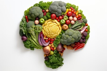 Plant-Based Healthy Eating: Human Brain Made of Fruits and Vegetables, High Fibre, Nutrition and Brain Health, Food and Cognition, Mood, Healthy Lifestyle Concept, On White Background - obrazy, fototapety, plakaty