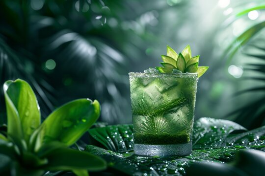 Midnight Mochi green cocktail presented against the backdrop of the bright and dense greenery of the tropical forest. Green accents, dew drops on the leaves. Copy space, bokeh background.