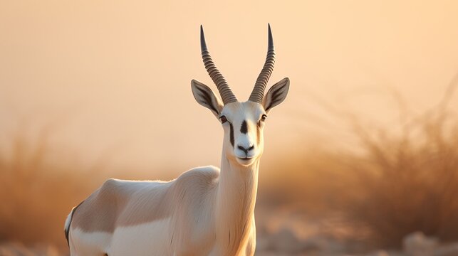 Arabian oryx or white oryx, Oryx leucoryx, antelope with a distinct shoulder bump, Evening light in nature. Animal in the nature habitat, Shaumari reserve, Jordan. Travel Jordan, Arabia nature.