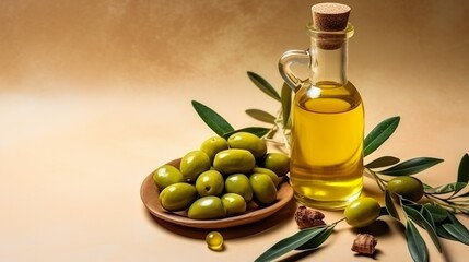 background of olives with olive oil in a glass bottle 
