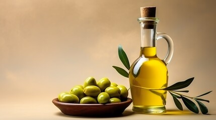 background of olives with olive oil in a glass bottle 