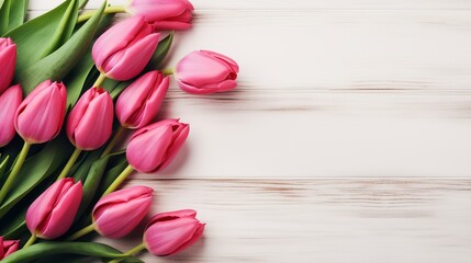 Beautiful pink tulips on white rustic wooden background flat lay. flowers in soft morning sunlight with space for text. greeting card concept - obrazy, fototapety, plakaty