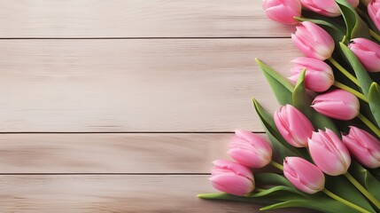 Beautiful pink tulips on white rustic wooden background flat lay. flowers in soft morning sunlight with space for text. greeting card concept