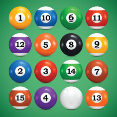 3d vector set of Pool balls on a green background, realistic billiard balls
